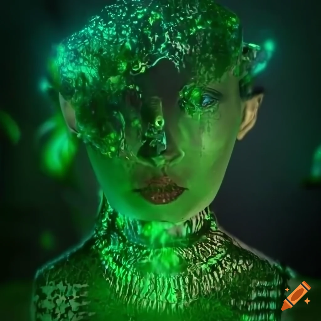 Glowing biopunk cityscape with greenery, crystals, and cyborg goddesses