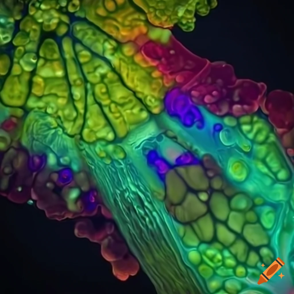 Microscopic view of colorful cyanobacteria in water