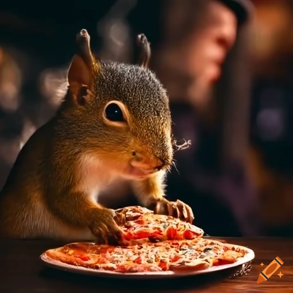 Friends enjoying pizza at an Irish pub with friendly squirrels