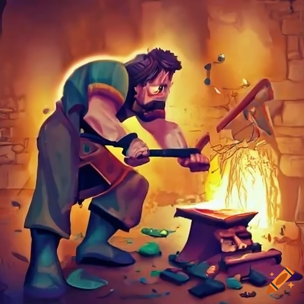 Happy blacksmith making a shovel