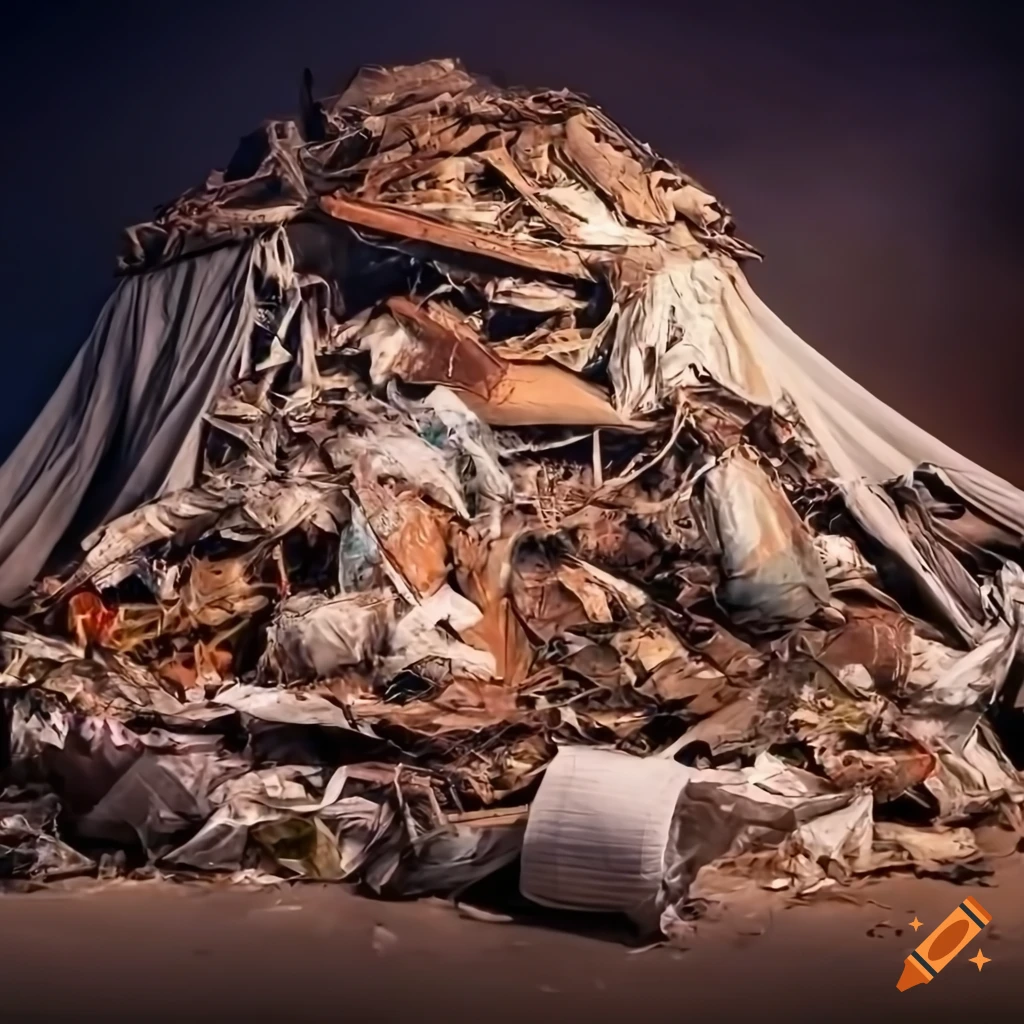Pile of junk covered with white drapery in a destroyed landscape