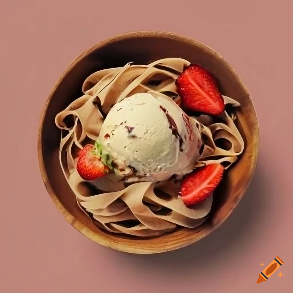 Tagliatelle with strawberry pieces and chocolate ice cream in a wooden bowl with chocolate drizzle