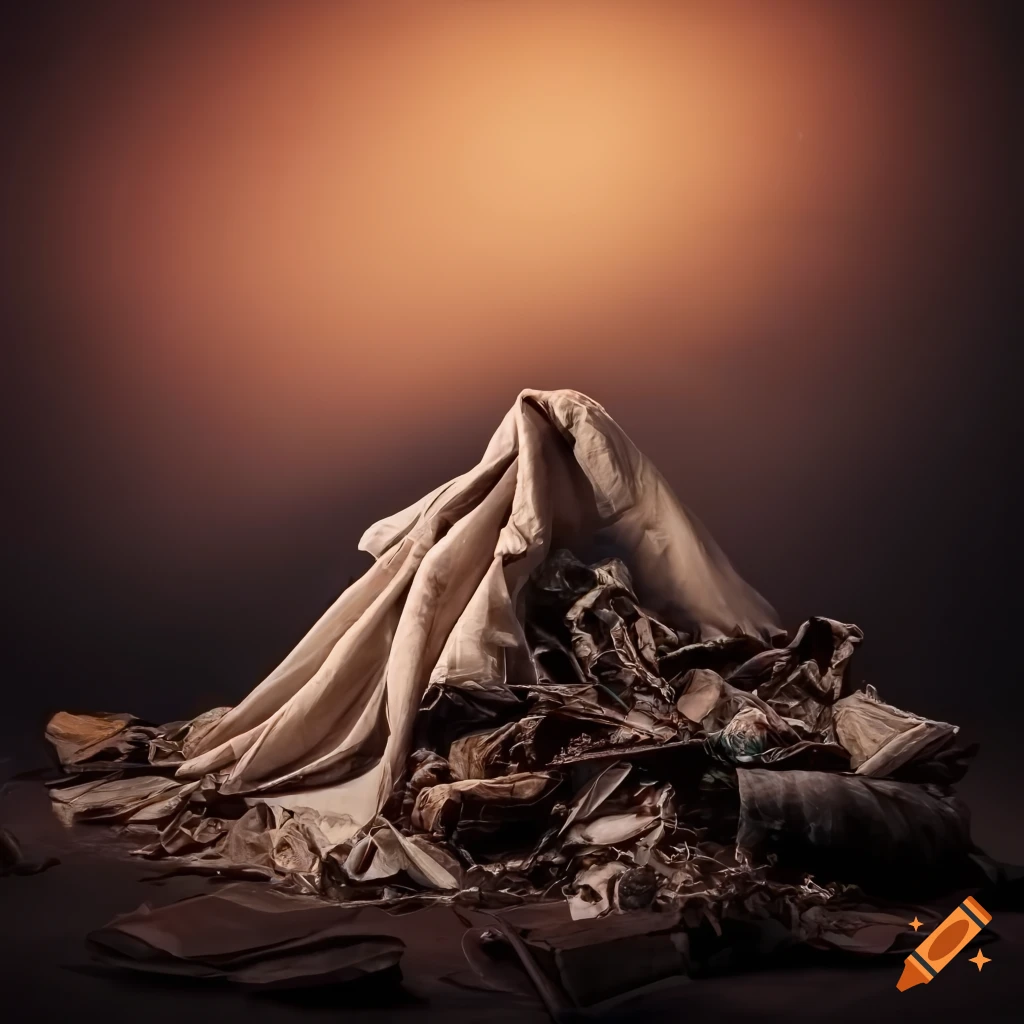 Pile of garbage covered with a drapery in a destroyed landscape