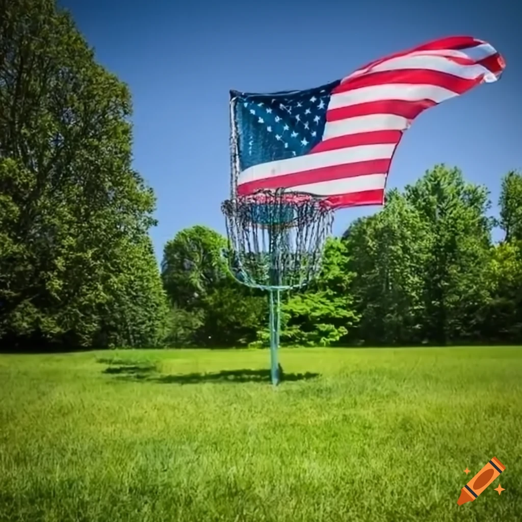Grassy landscape with disc golf basket and usa flag on Craiyon