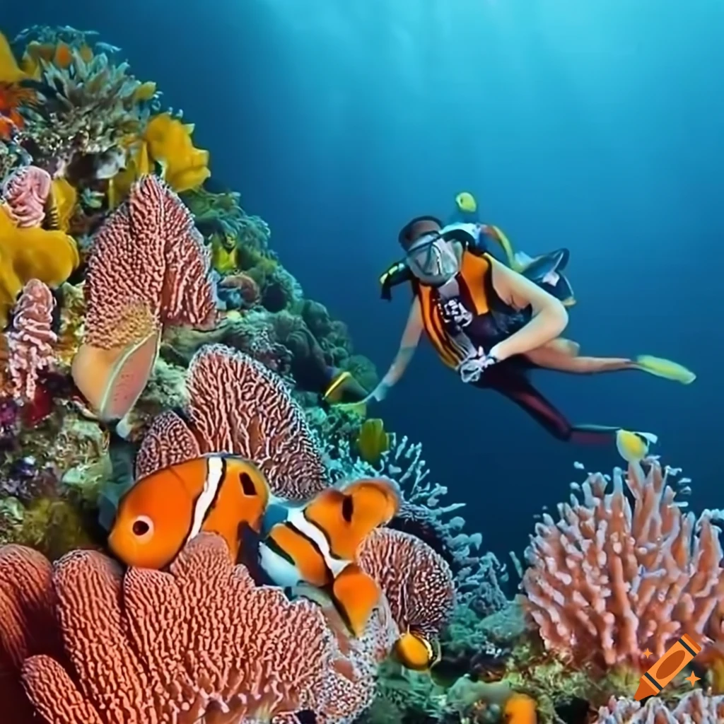 Scuba diver exploring colorful coral reefs with Nemo fish