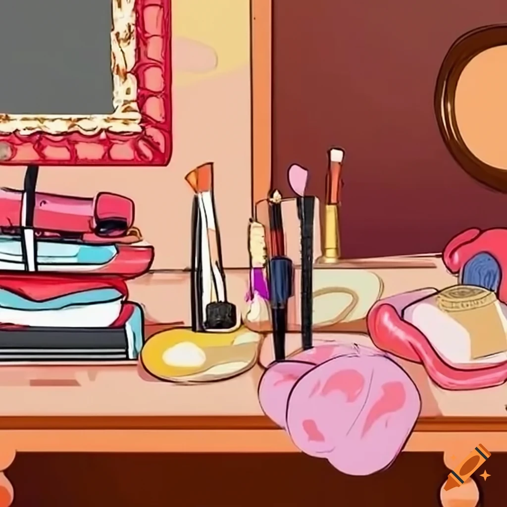 Table with makeup brush, boxing gloves, and antique mirror