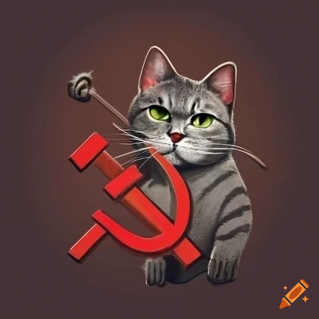 Cat wearing a pin with the hammer and sickle symbol