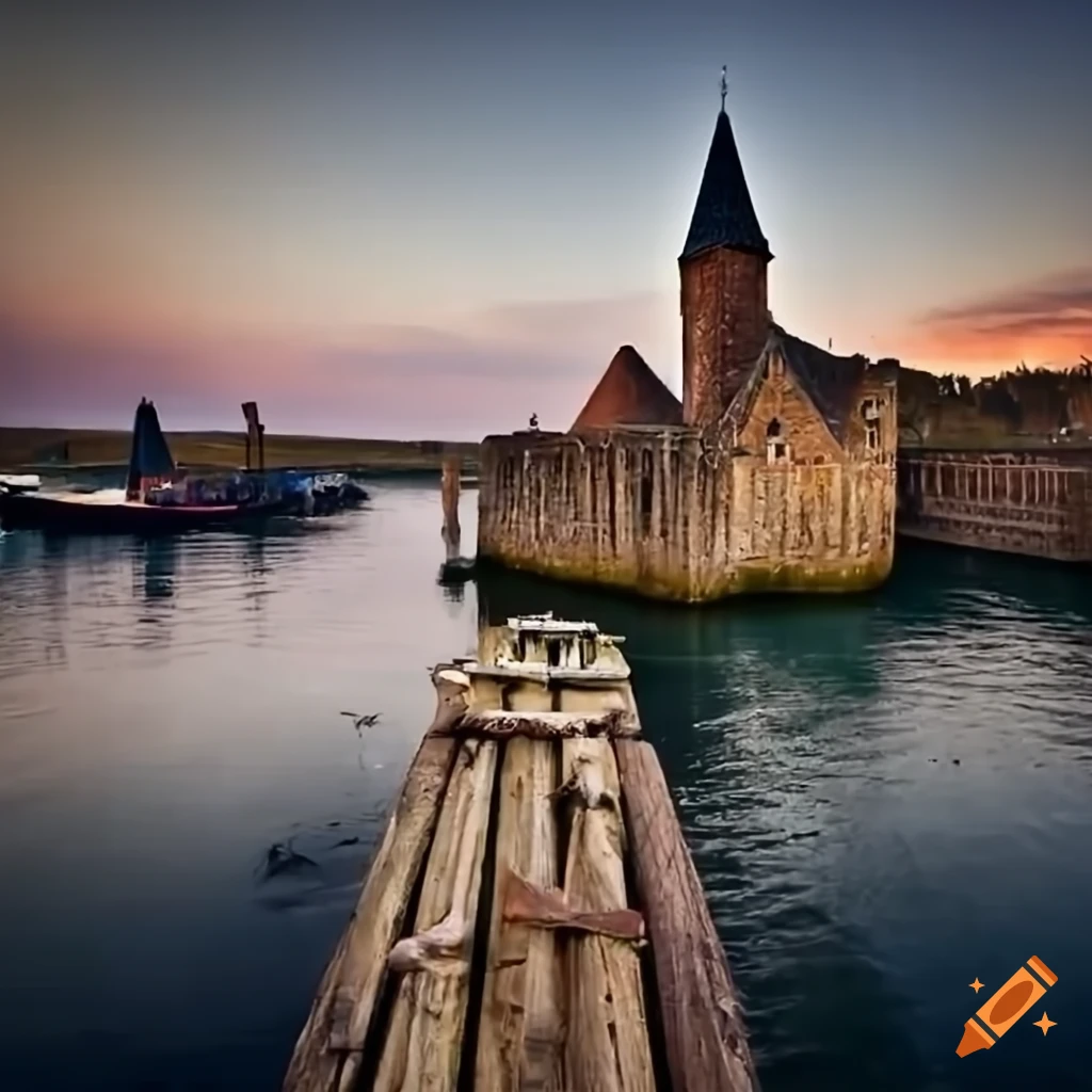 Medieval harbor with a lonely boat tied to a wooden post
