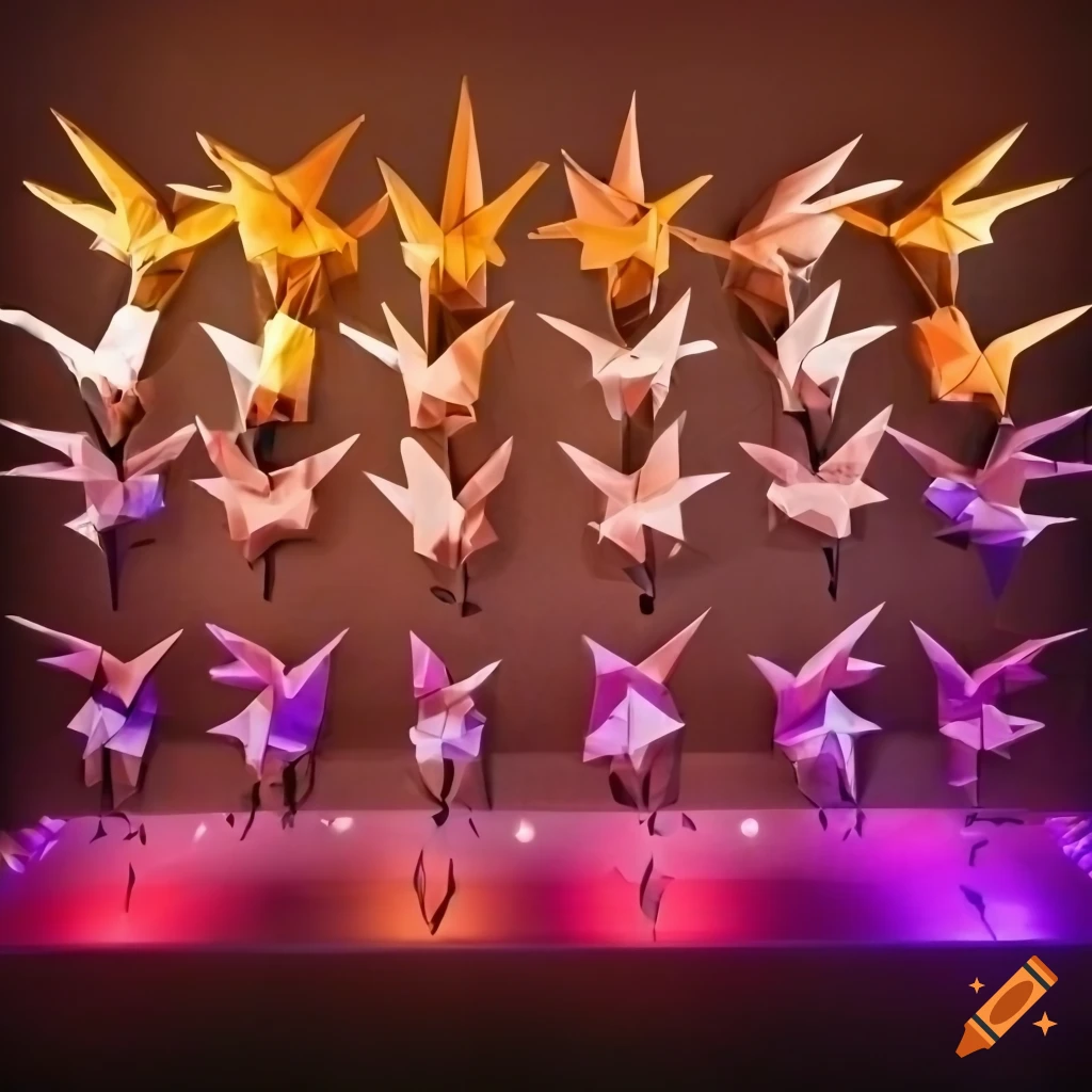 Impressive display of origami animals on a big panel with a flock of birds and a light sign word