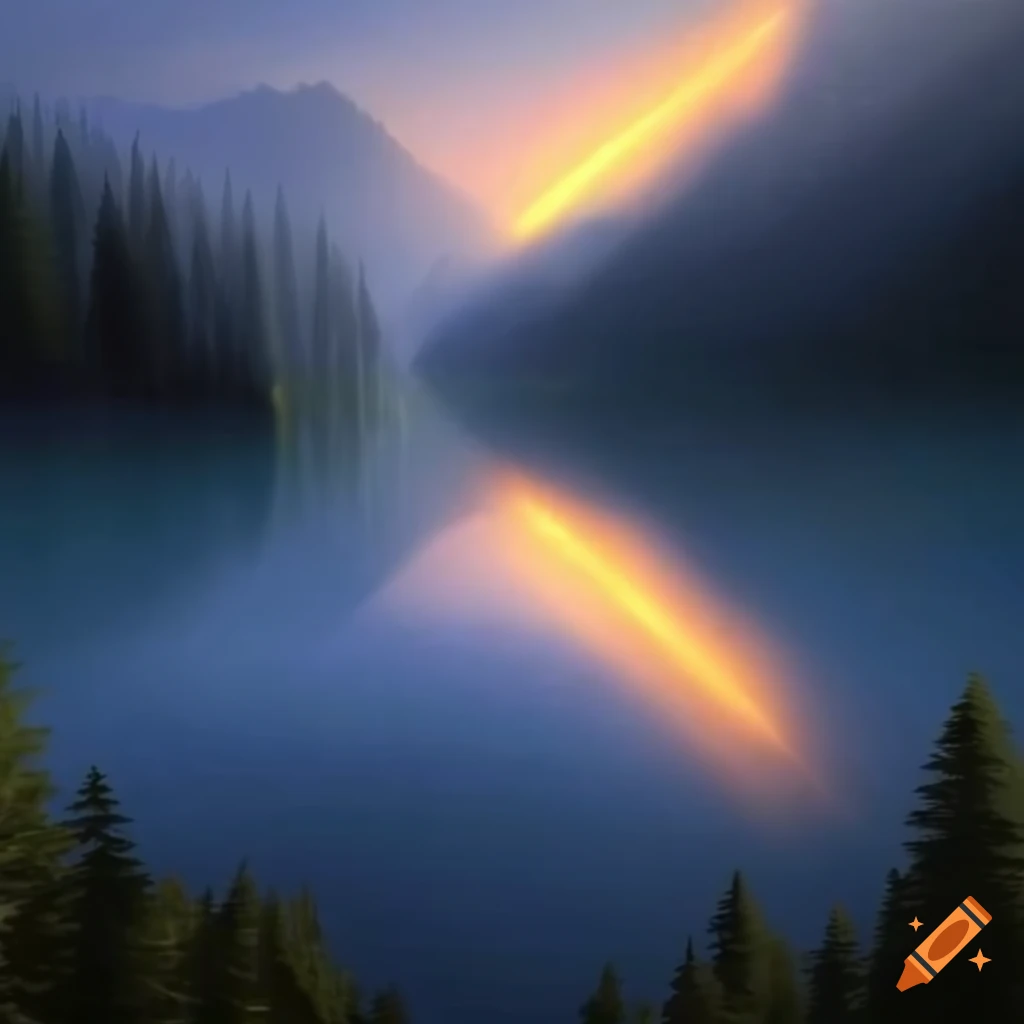 Final touch with god rays shining on mountain lake for naturalism and awe