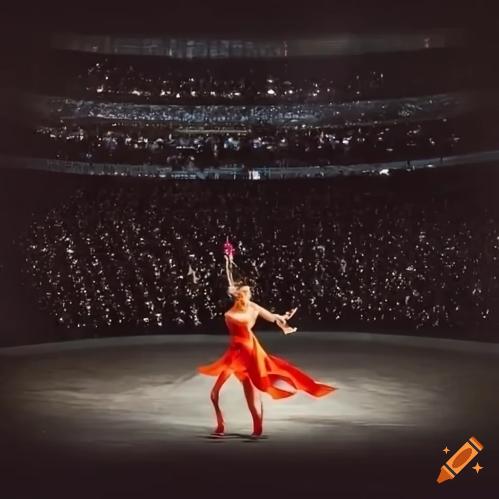 Ribbon dancer performing on stadium stage with audience in amazement on ...