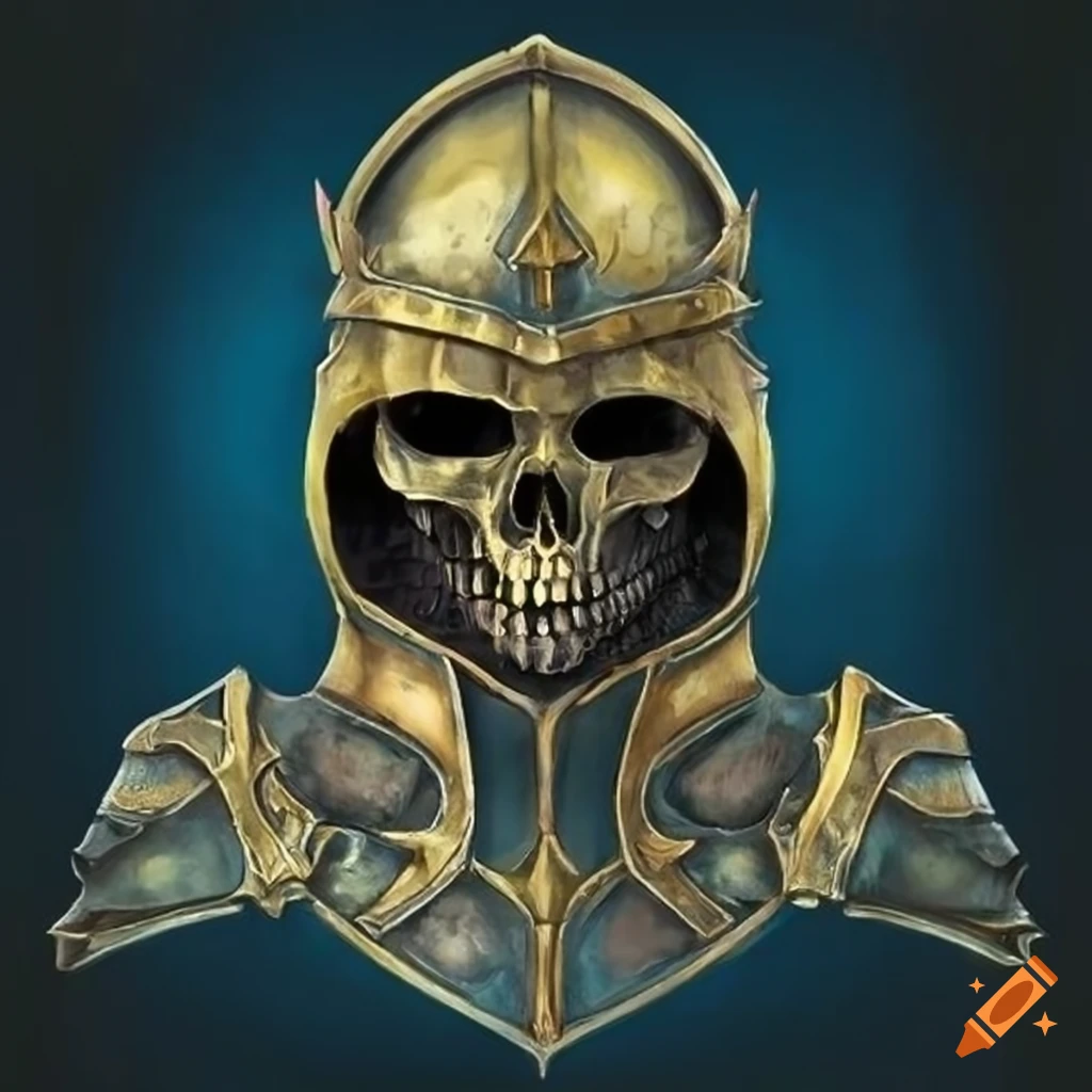 Fantasy knight in gold plate armor with skull helmet design on Craiyon