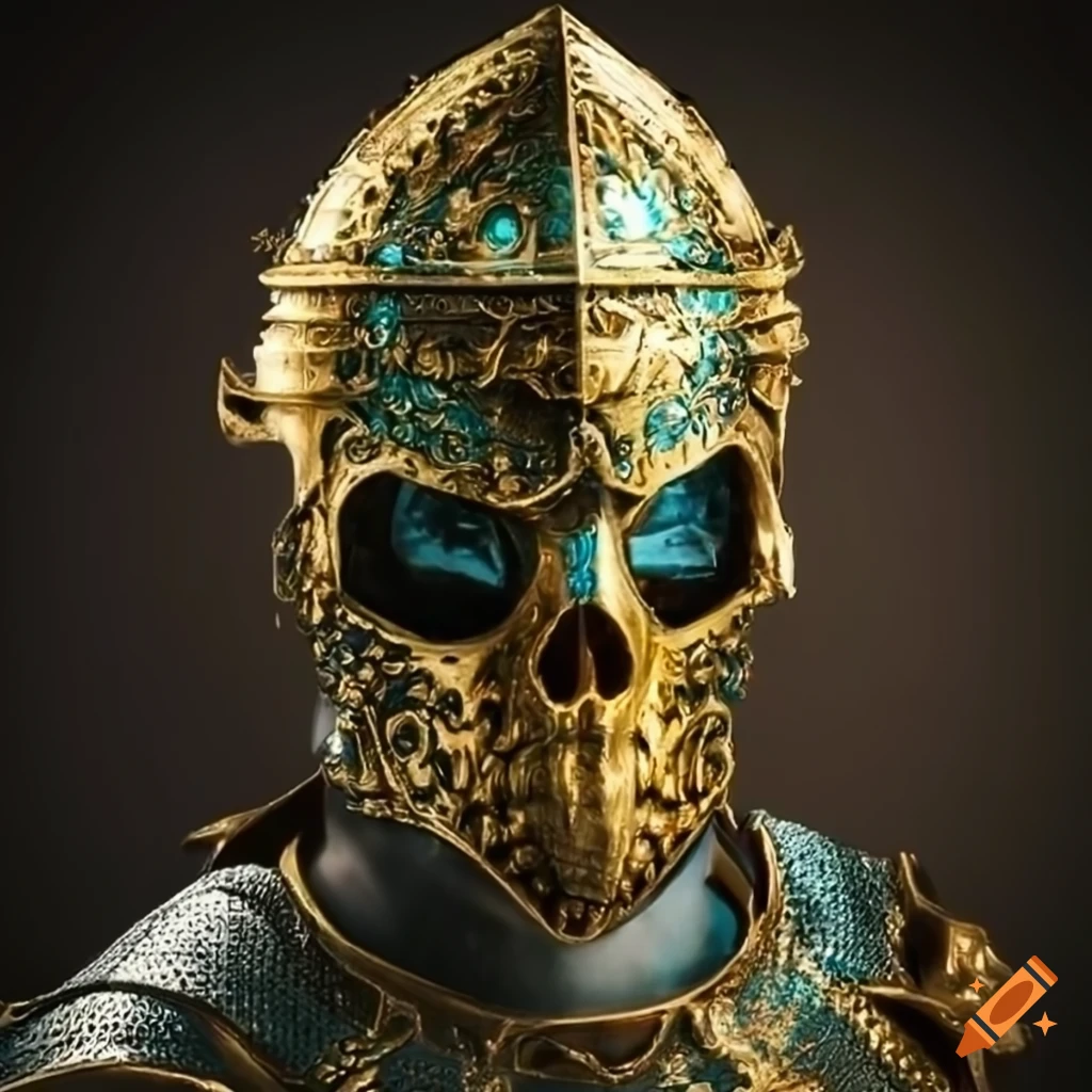 Fantasy knight with gold and cyan details in intricate skull helmet