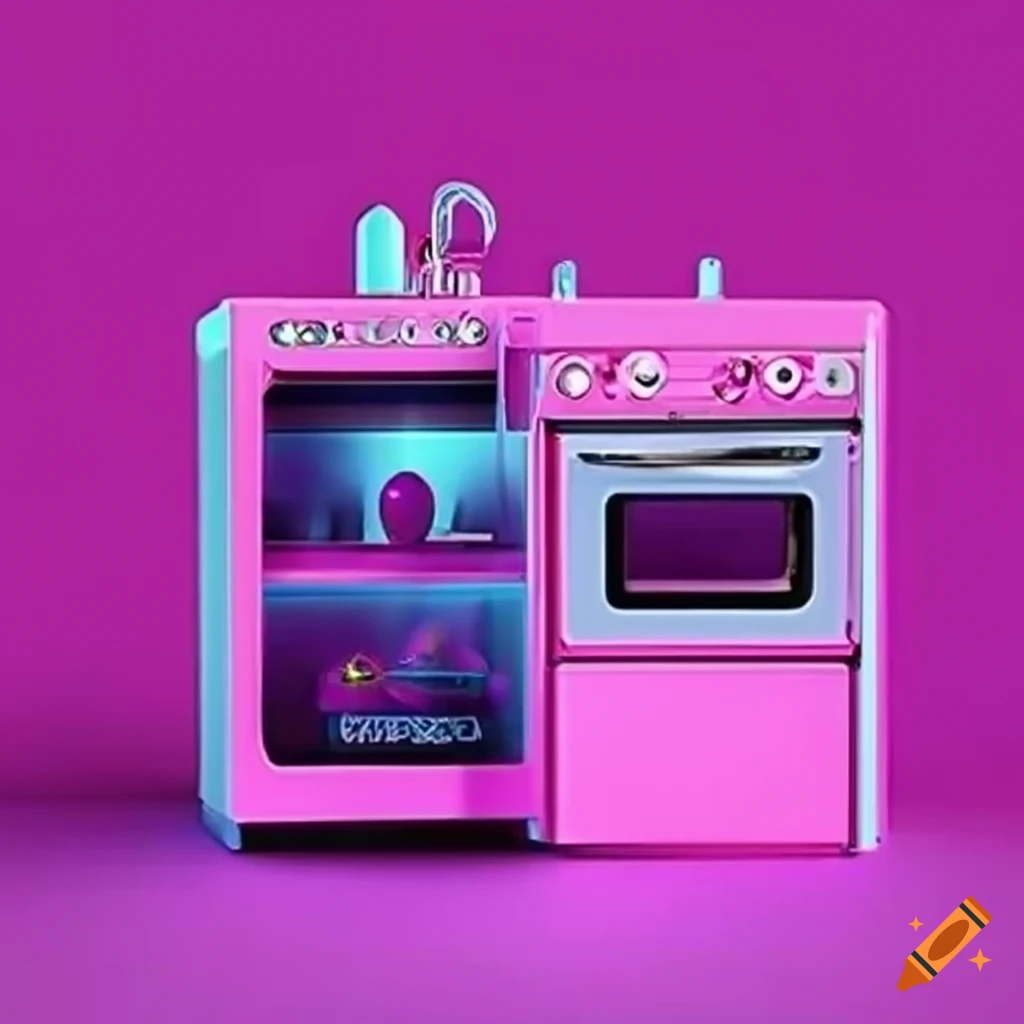 Futuristic microwave with metallic pink colors and neon purple and blue lights, inspired by Barbie doll brand