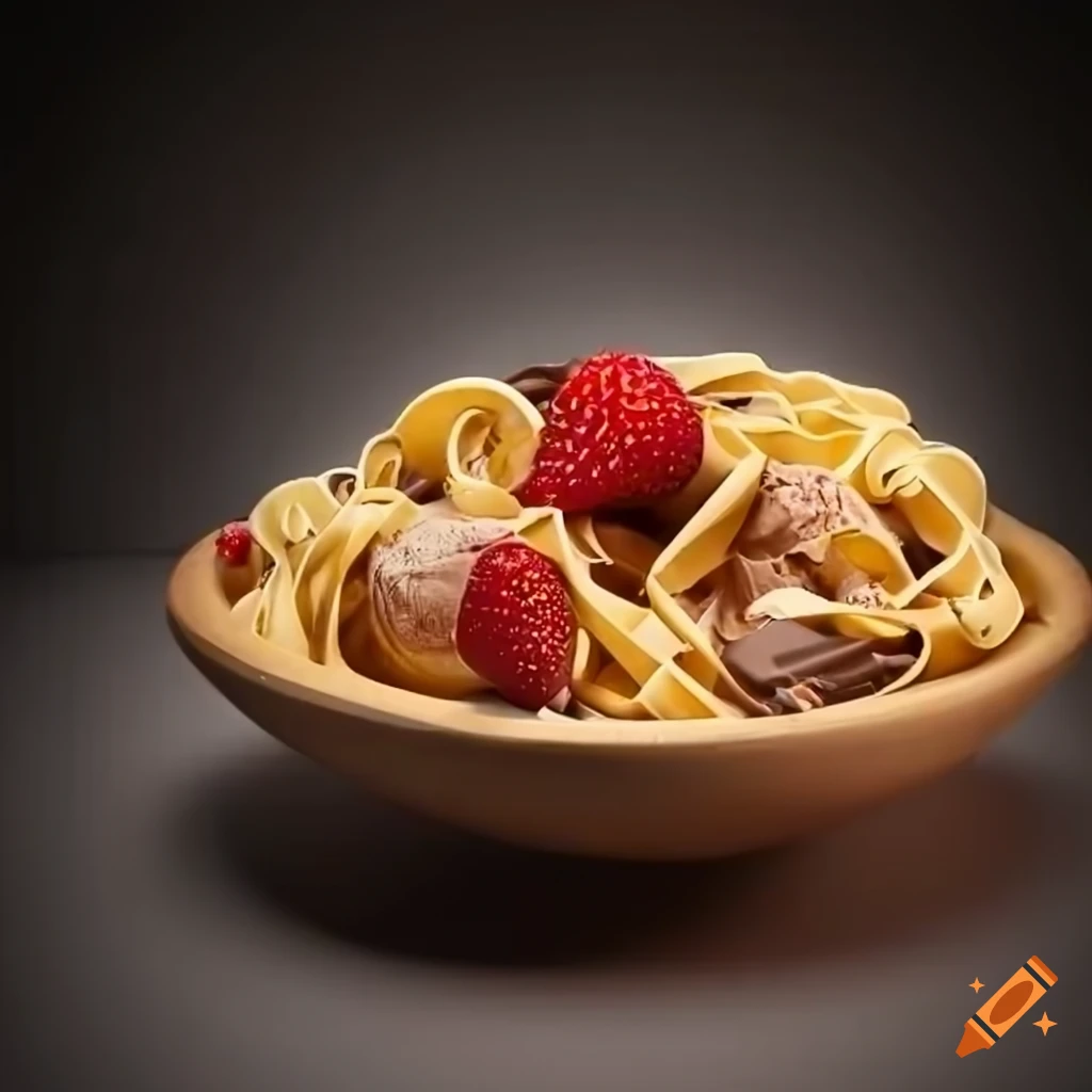 Tagliatelle with strawberry pieces and chocolate ice cream in a wooden bowl