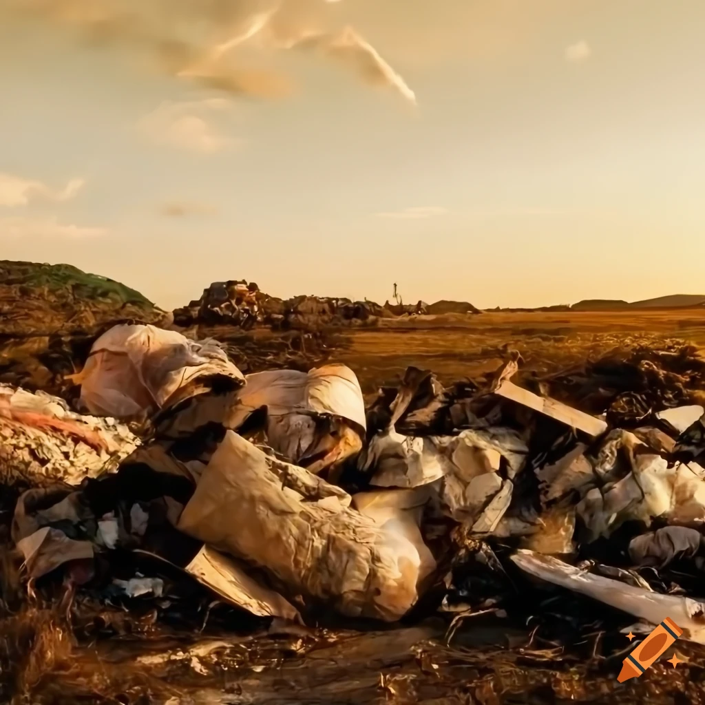 Pile of junk and garbage covered with white drapery in a destroyed landscape