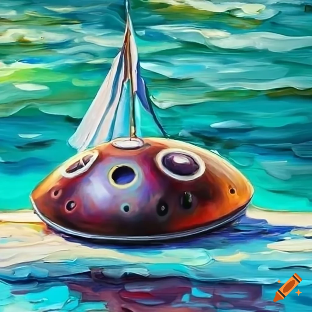 Handpan on a cabin cruiser sailing on turquoise waters on Craiyon