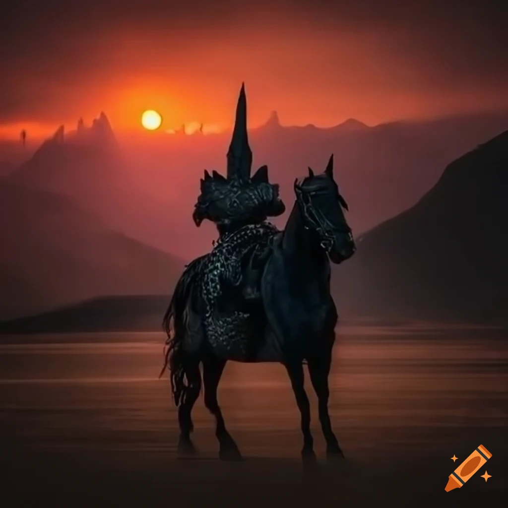 Dark fantasy knights on horseback under a breathtaking sunset in a ...