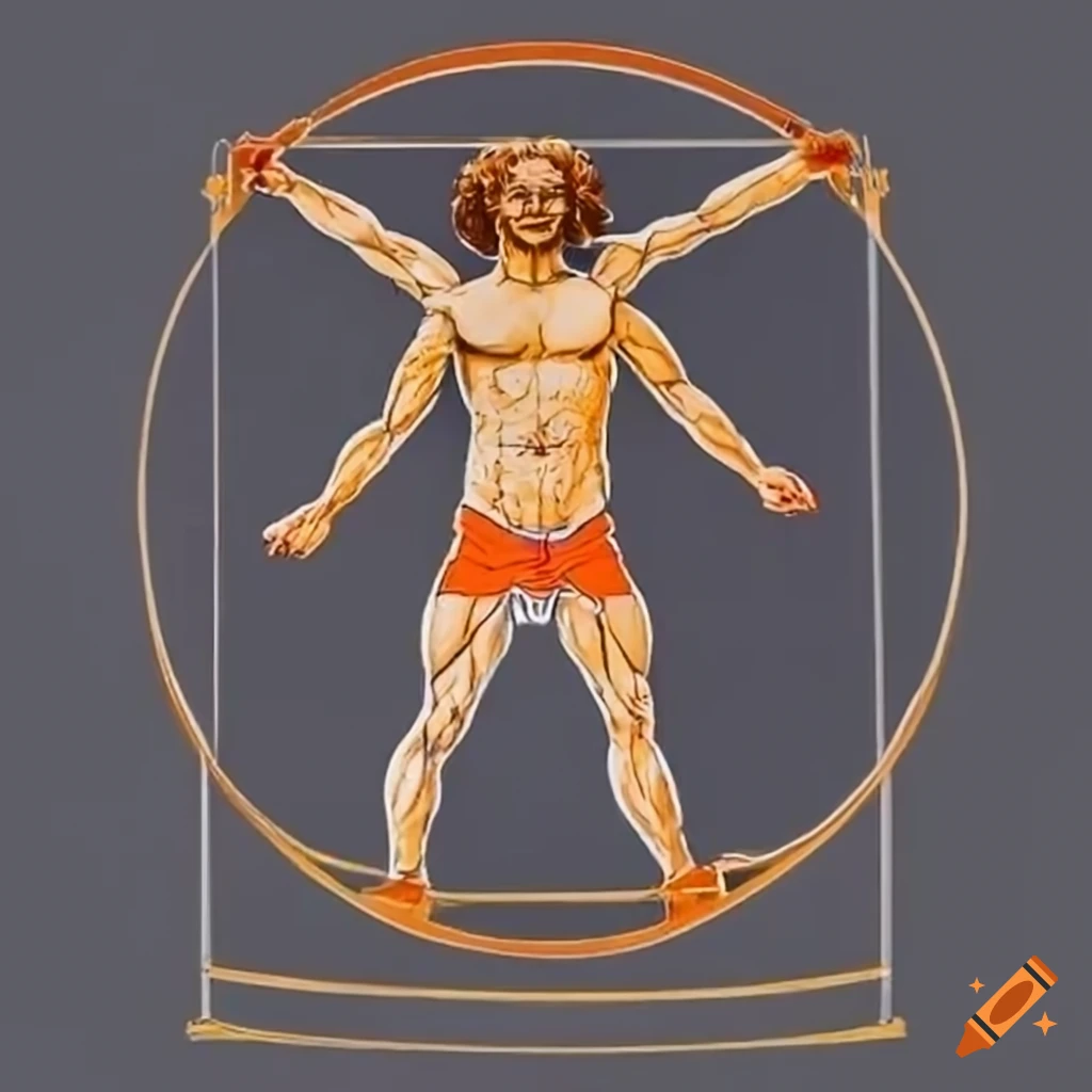 Vitruvian man in orange shorts exercising on Craiyon
