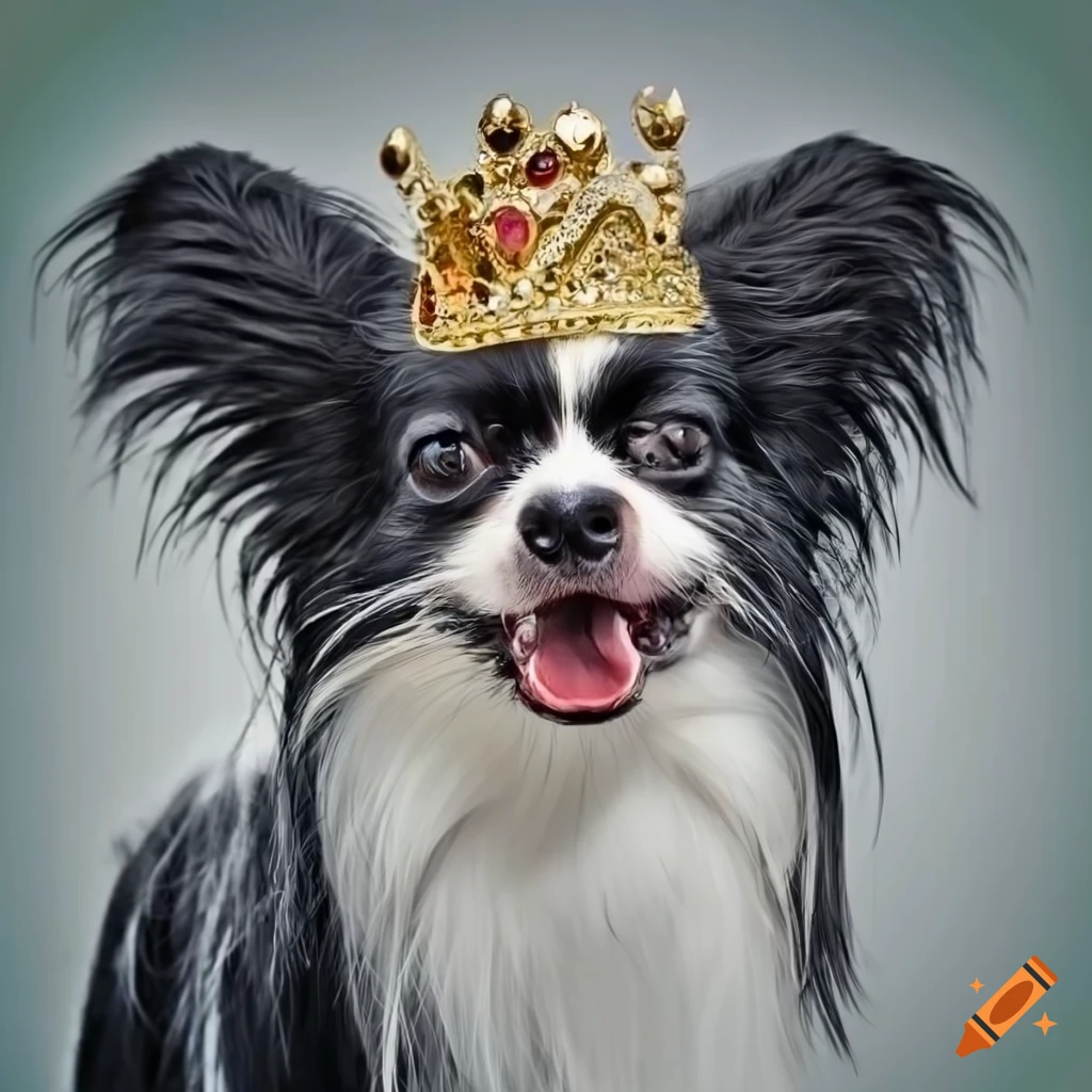 Épagneul Papillon dog with black and white fur wearing a regal crown