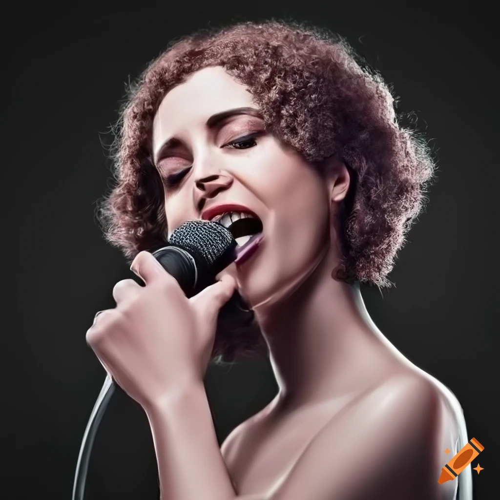 Portrait of a female singer performing with a microphone on Craiyon