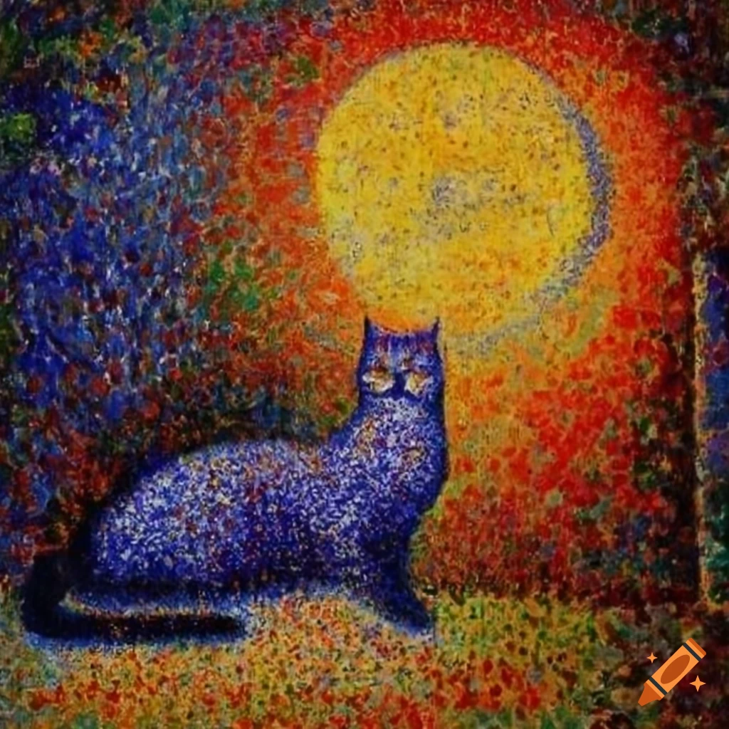 Celestial cat beast by Georges Seurat in pointillism style