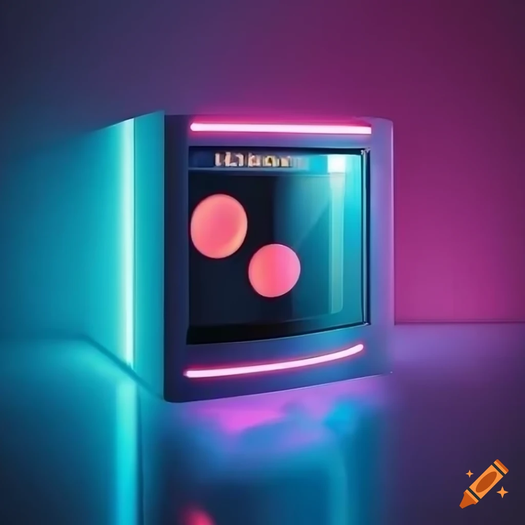 Futuristic kitchen microwave with metallic colors and neon lights