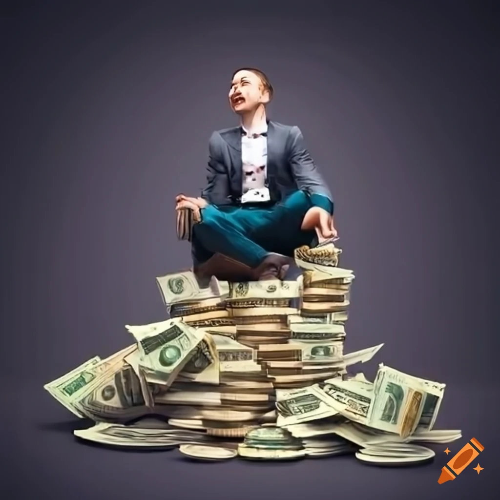 Happy man sitting on a pile of money