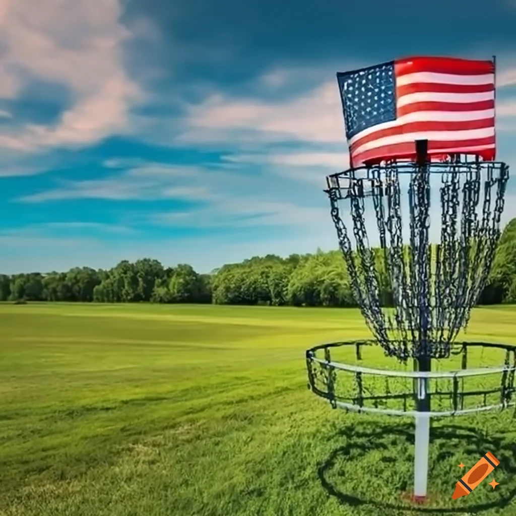 Grassy landscape with disc golf basket and usa flag on Craiyon