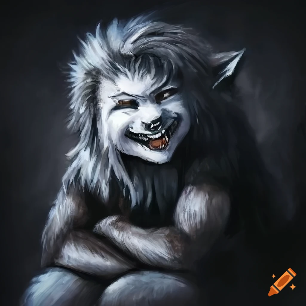 Happy werewolf child drawing with crayons in Simon Bisley art style