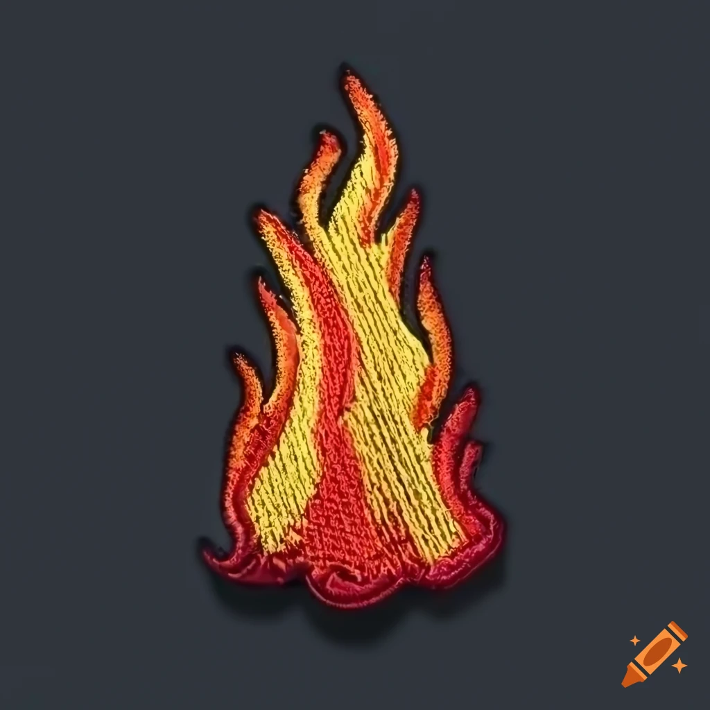 Embroidered patch of flames on dark background in high detail