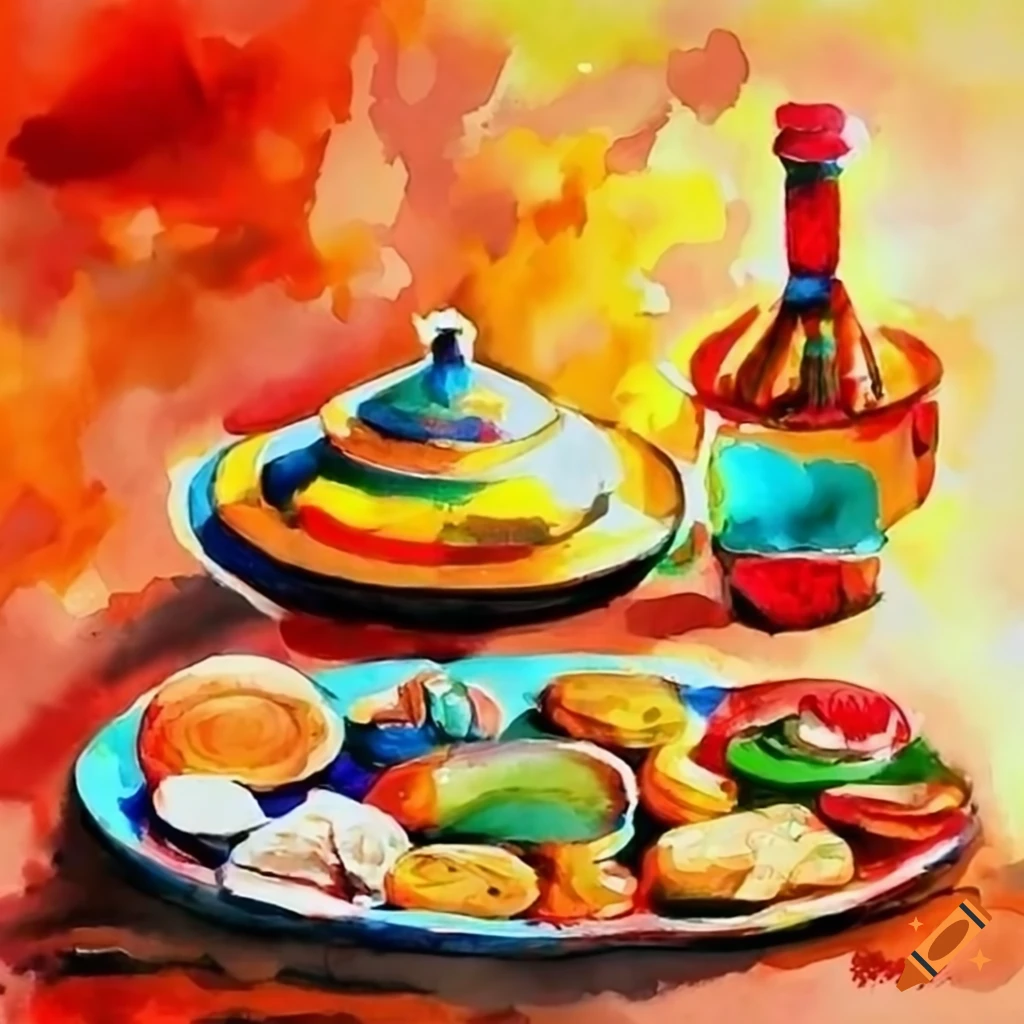 Vibrant painting of a traditional Indian feast