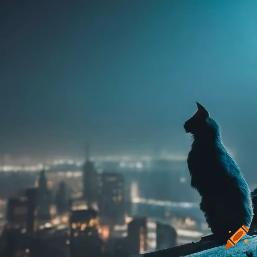 City shrouded in fog with a curious cat on a rooftop edge