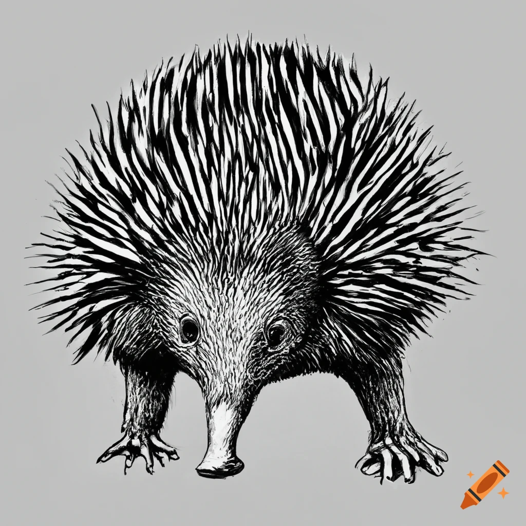 Detailed black and white ink drawing of an echidna standing upright