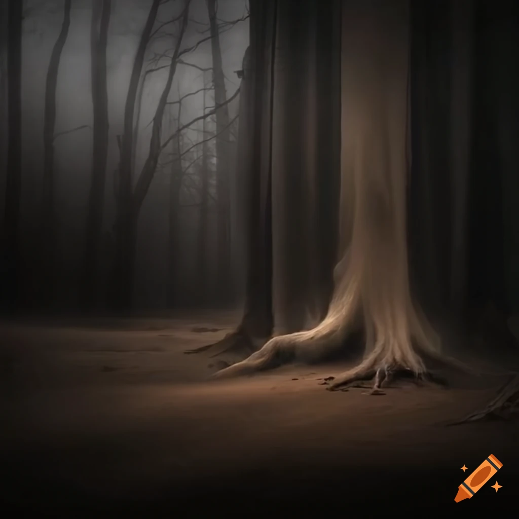 Misty forest with deadwood trees in foggy weather