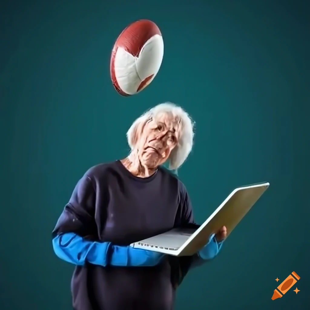 Elderly woman coaching rugby players with laptop and ball