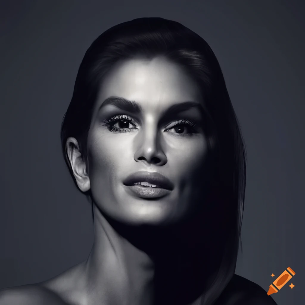 Highly detailed illustration of a woman with chiseled facial features and voluminous hair in dramatic lighting