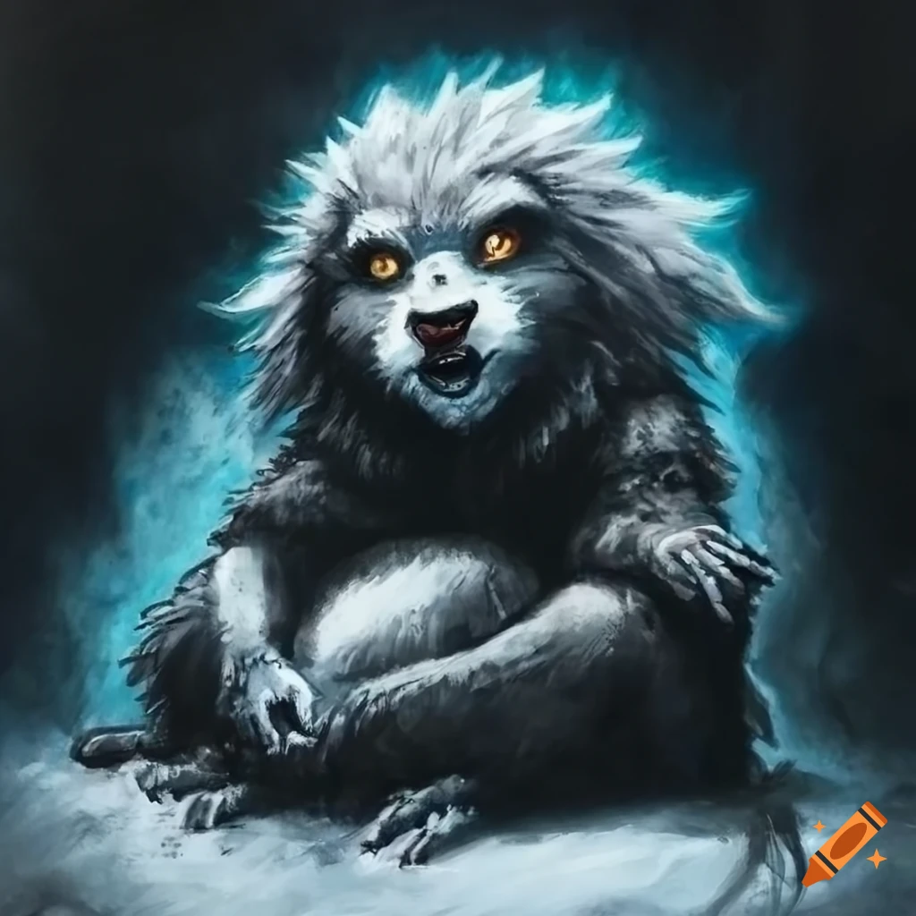 Happy werewolf child drawing with crayons in Simon Bisley art style