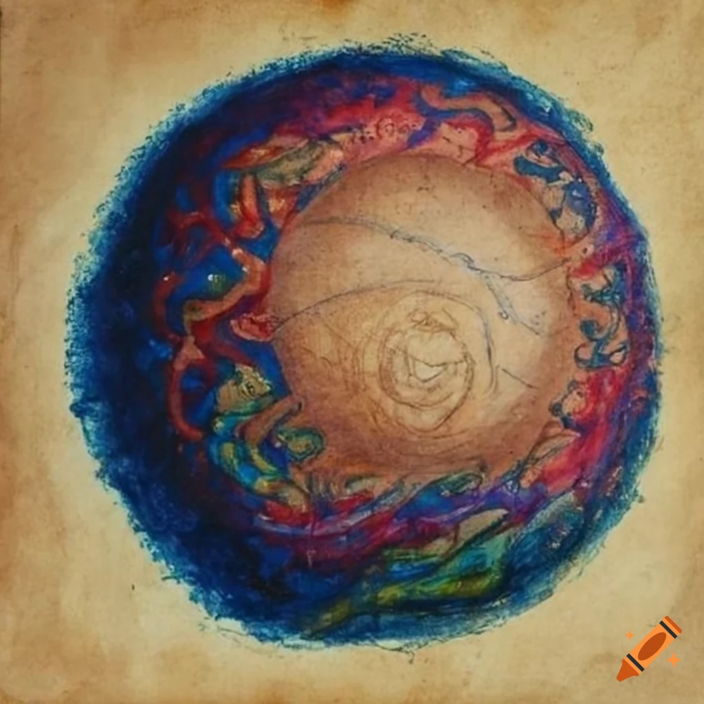 William Blake style tantric crayon psychedelic drawing of an orb on ancient paper