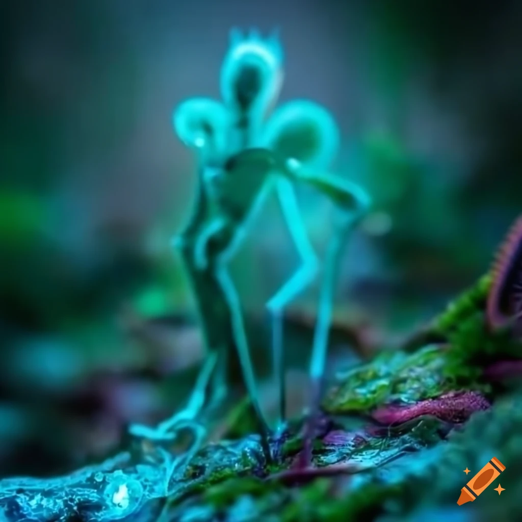 Glowing biopunk Venus flytrap creature in a moss-covered cityscape