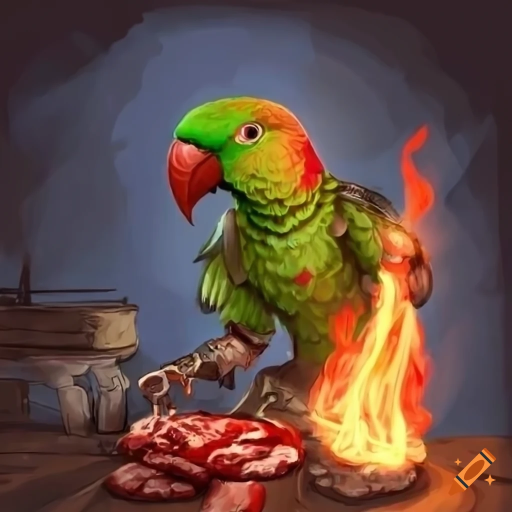 Alexandrine parrot in studded metal armor cooking meat at a campfire in a DnD setting
