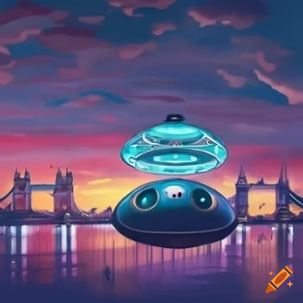 Surreal scene with Handpan UFO hovering above the River Thames and Tower Bridge