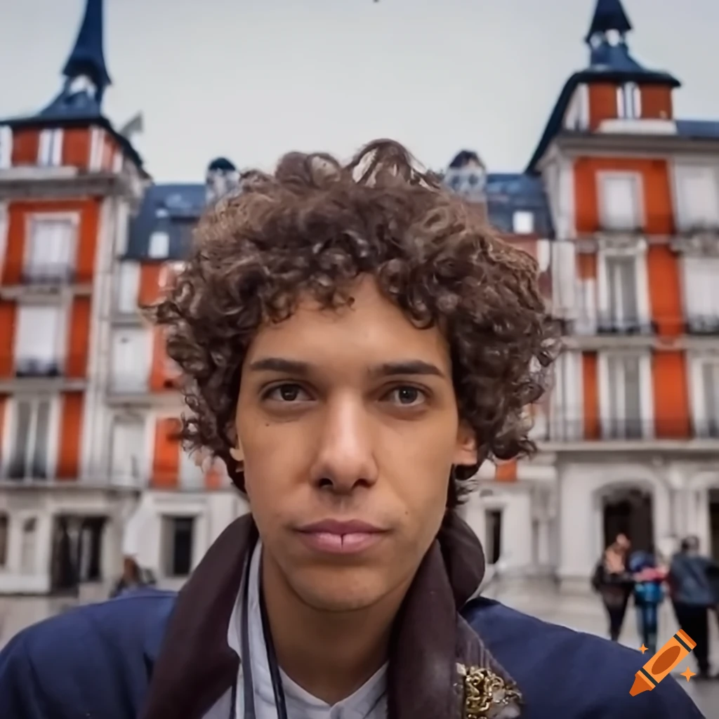 Man aged 34 with curly dark brown hair and green eyes at Plaza Mayor Madrid