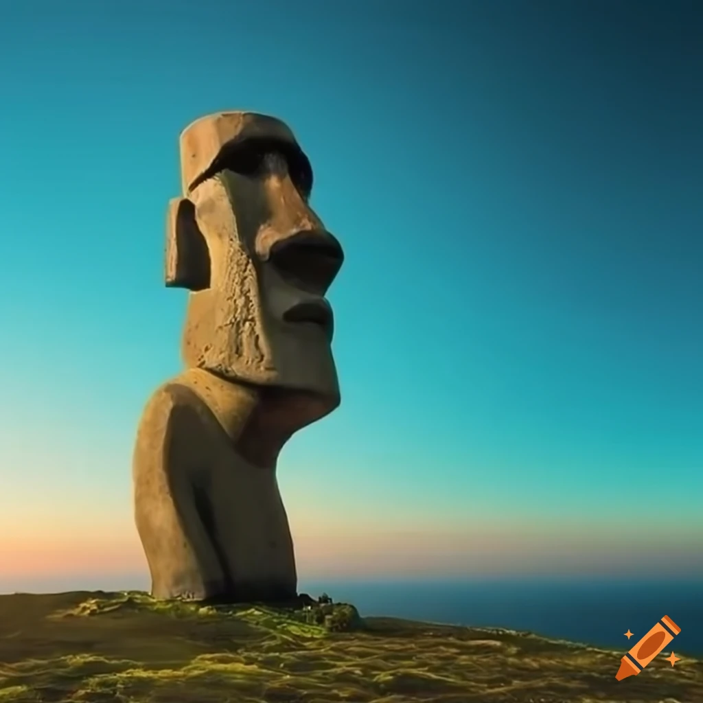 Rapa nui style painting of easter island statues with a solar eclipse