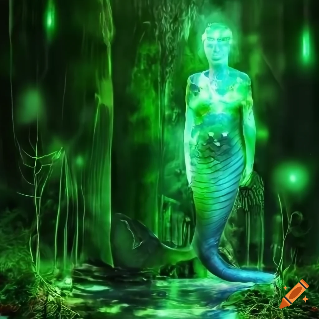 Biopunk cityscape with moss, plants, mushrooms, crystals, and cyborg mermaid goddesses