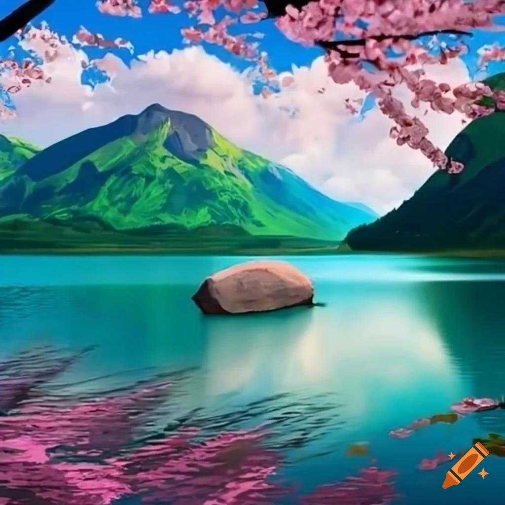 Japanese Cherry Trees by Saltwater Mountain Lake with pink blossoms reflecting in water