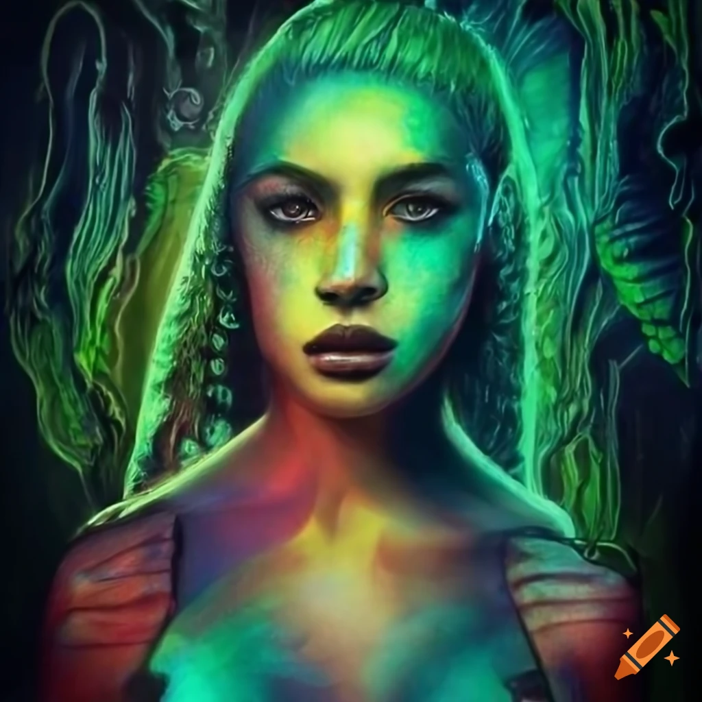 Biopunk cityscape with moss, plants, mushrooms, crystals, and cyborg mermaid goddesses