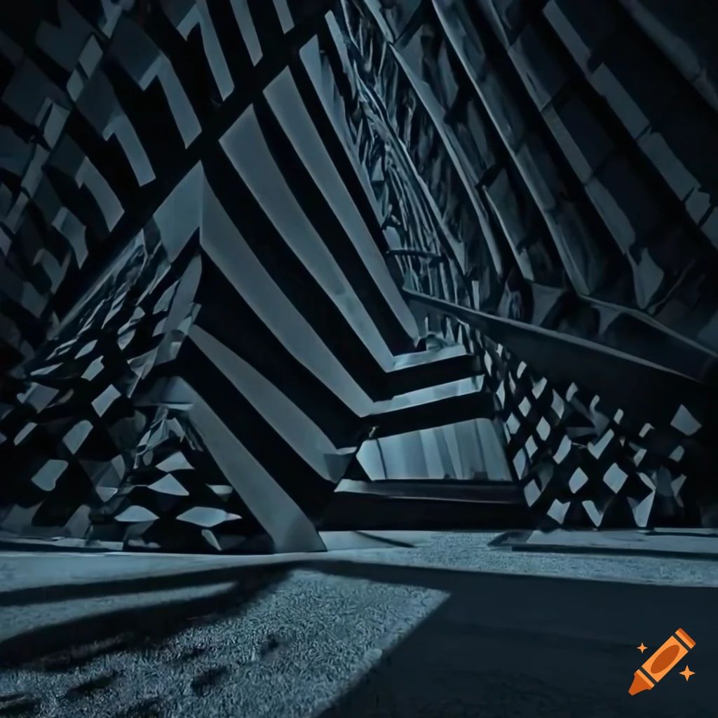 Penrose triangles optical illusion in surreal black and white building