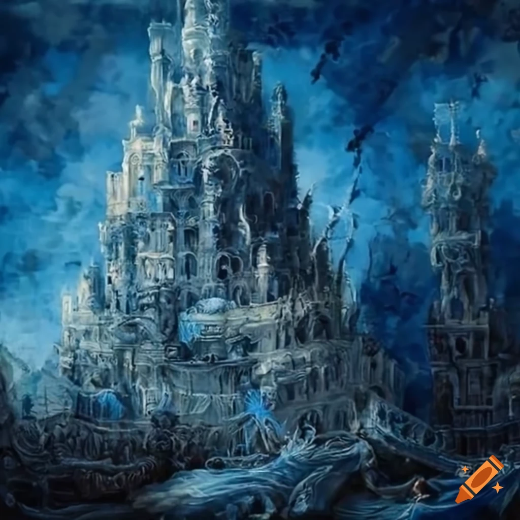 Blue rococo painting of Tower of Babel wrapped in spider webs