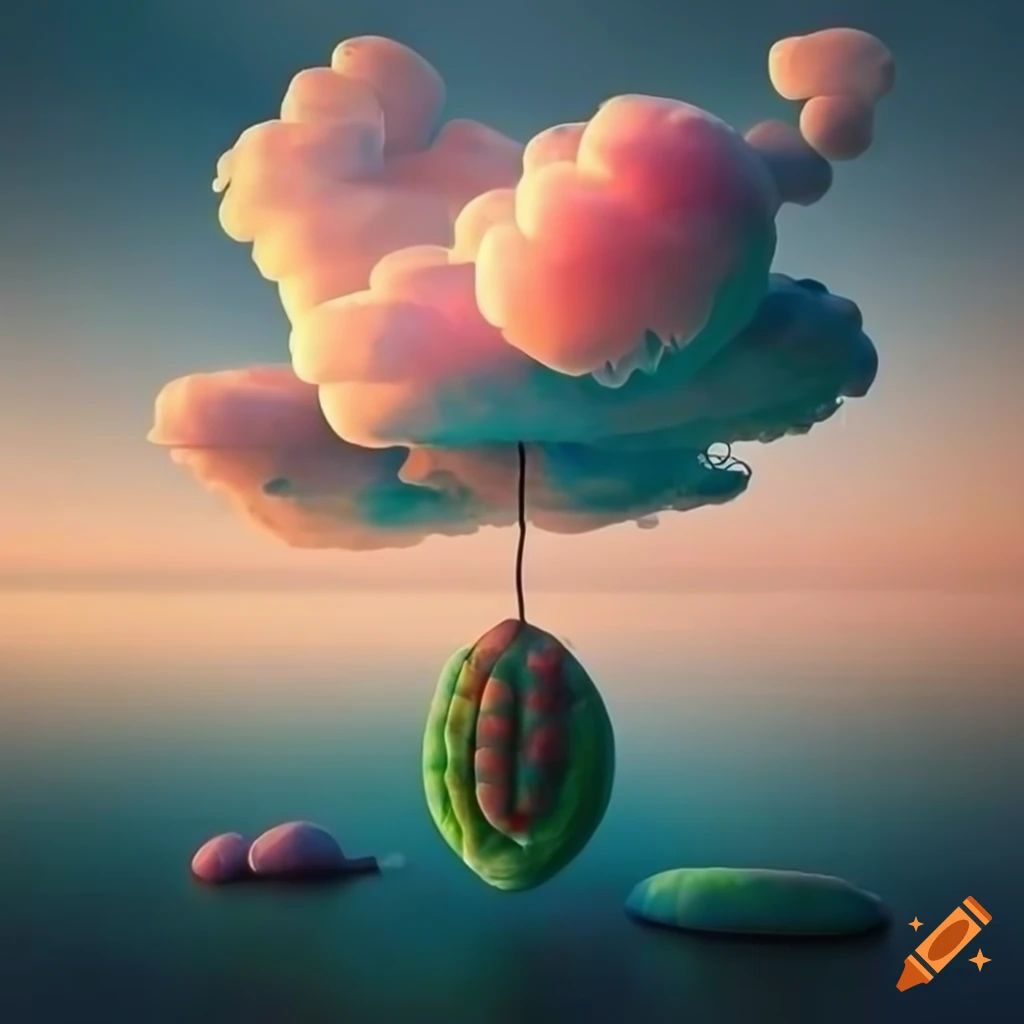 Forêt de bonbons surréalistes avec un ciel fantastique et des nuages paranos